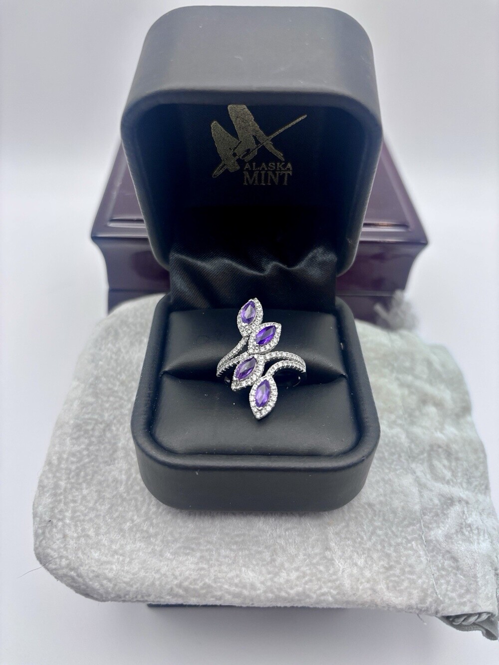 Sterling Silver Ring Size 7 – 5.4g – Amethyst & CZ Multi-Stone Statement Band